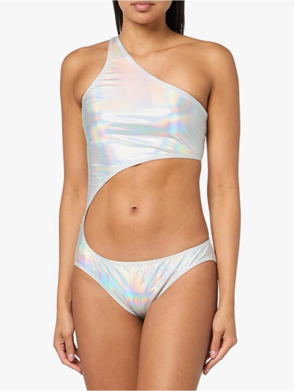 Norma Kamali Shane Holographic One-Shoulder Cutout Swimsuit swim suit- Silver